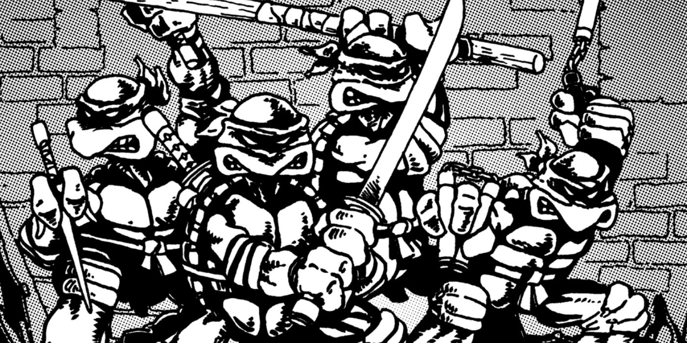 TMNT em preto e branco da série de quadrinhos original da Mirage Studios.