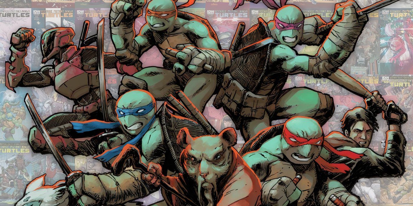 As Tartarugas Ninja com Splinter e Casey Jones em posições prontas para a batalha.