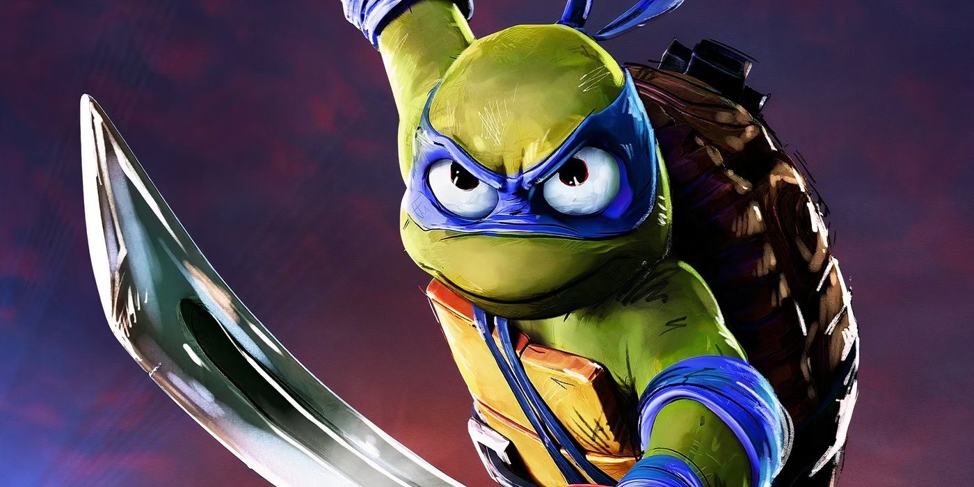 Leonardo sostiene su espada frente a él en TMNT Mutant Mayhem