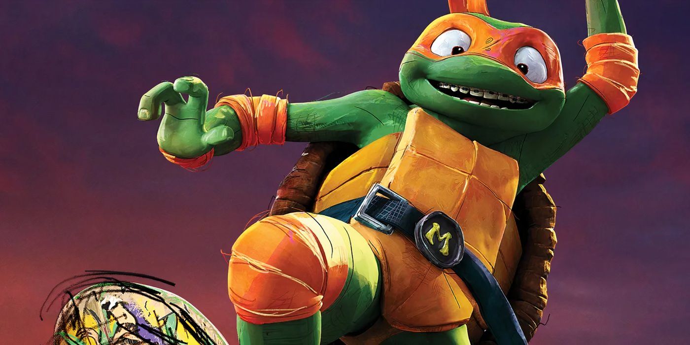 Miguel Ángel hace trucos en patineta en TMNT Mutant Mayhem