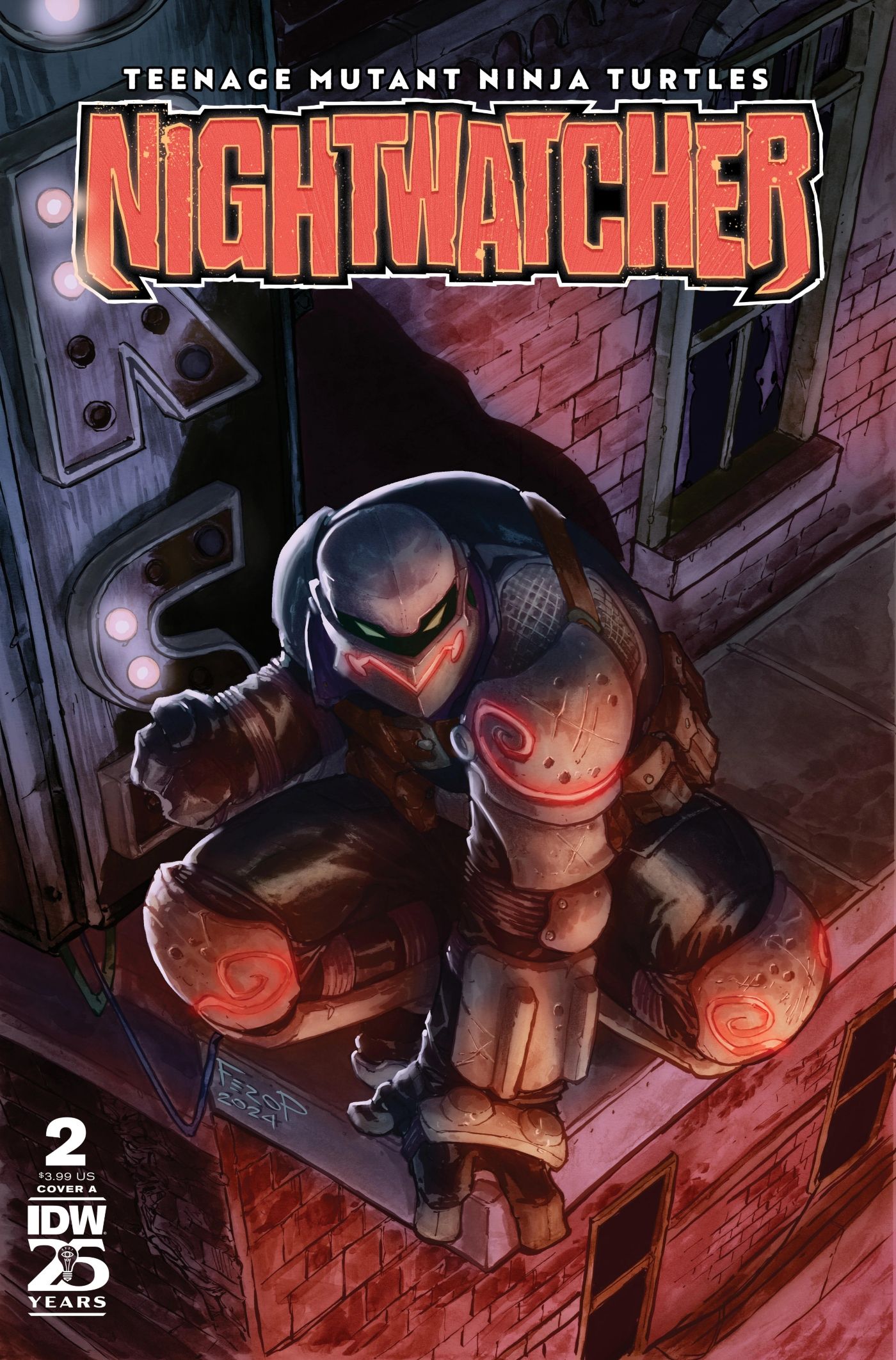 Capa principal de Teenage Mutant Ninja Turtles: Nightwatcher #2 apresentando Nightwatcher em um telhado.