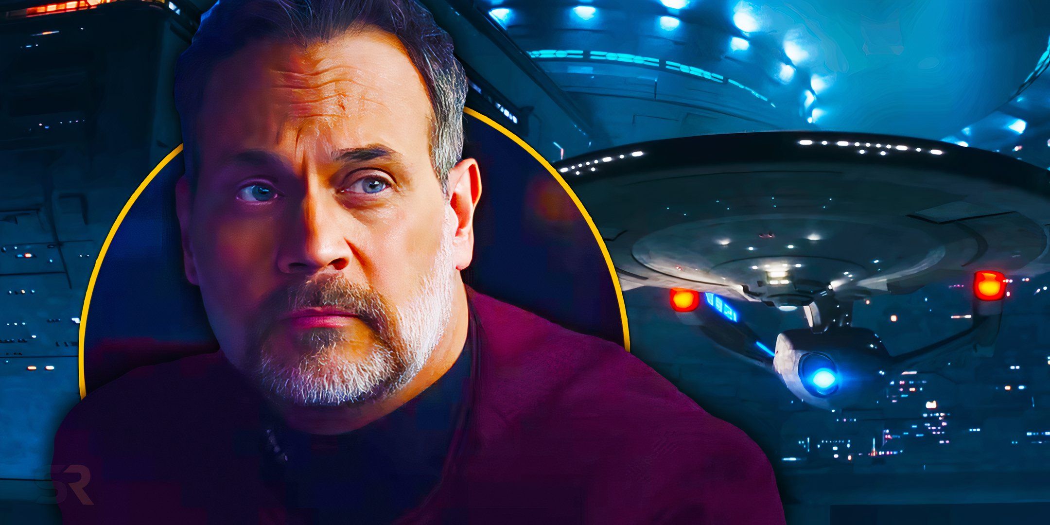 Todd Stashwick as Liam Shaw in front of the USS Enterprise-G in Star Trek: Picard