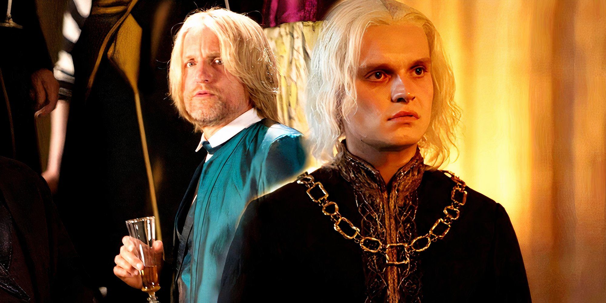 Tom Glynn Carney como Aegon Targaryen em House of the Dragon e Haymitch segurando sua bebida em Jogos Vorazes