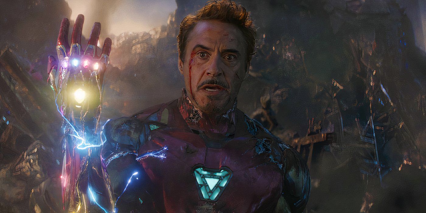 Tony Stark's Iron Man wielding the Infinity Stones at the end of Avengers Endgame