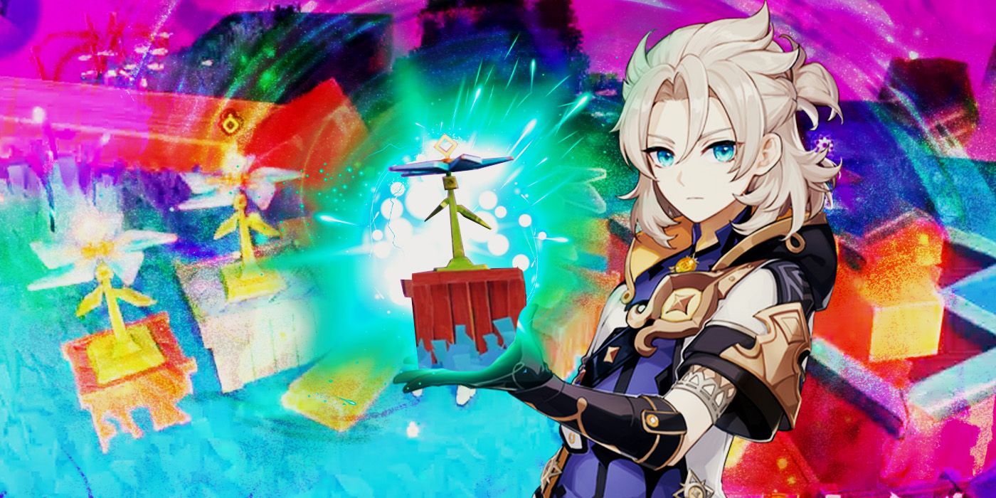 A toy flower with a character holding it from Genshin Impact