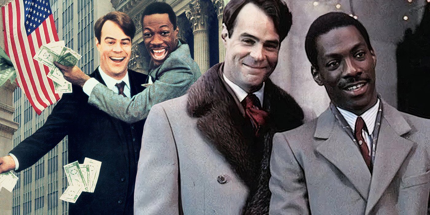 A composite image Dan Aykroyd and Eddie Murphy standing together in fancy coats in front of Aykroyd and Murphy hugging with lots of cash from Trading Places