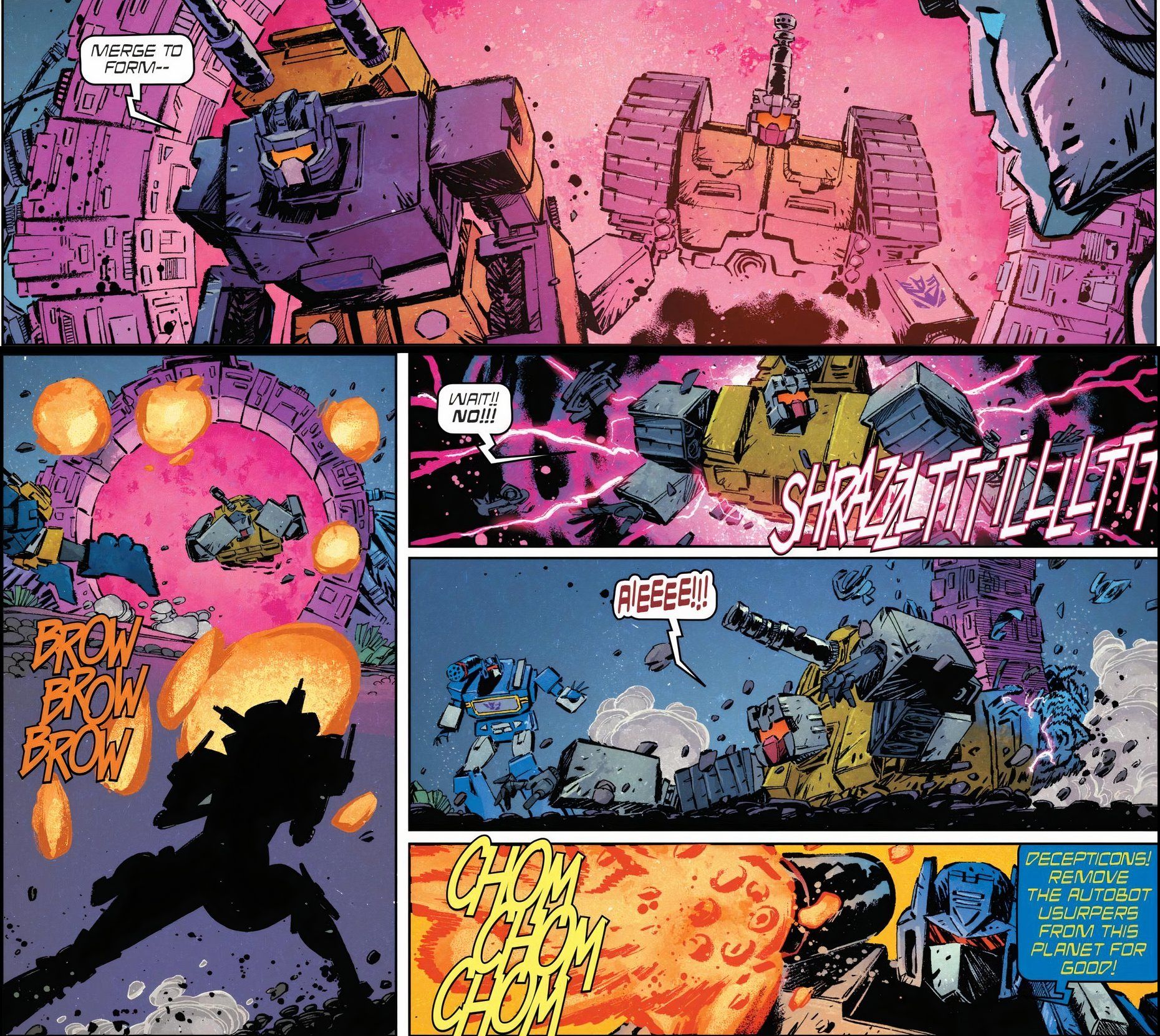 Transformers #9 Elita-One danifica a ponte enquanto os Combaticons passam (imagem combinada)