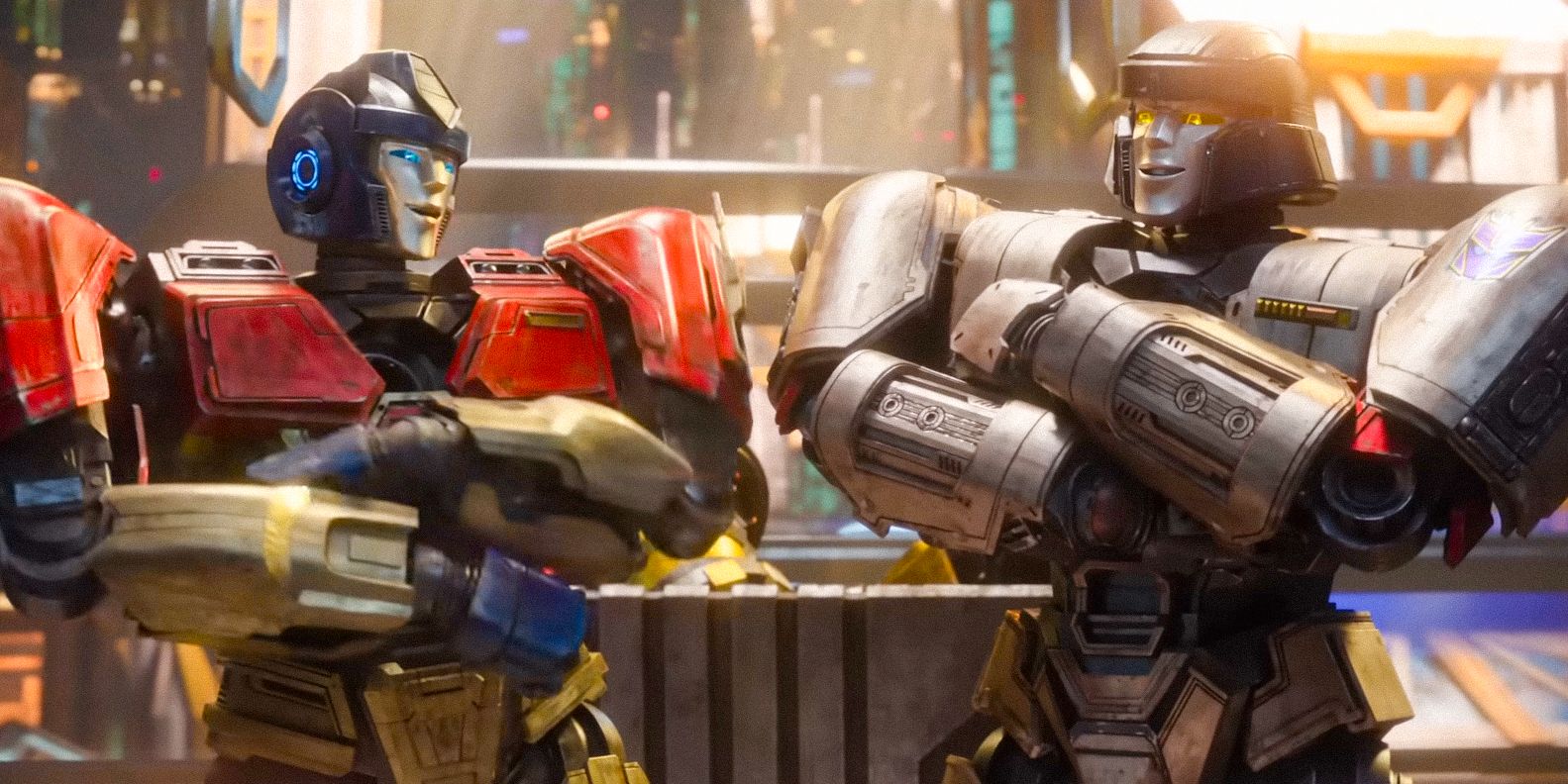 Orion Pax / Optimus Prime (Chris Hemsworth) and D-16 / Megatron (Brian Tyree Henry) in Transformers One