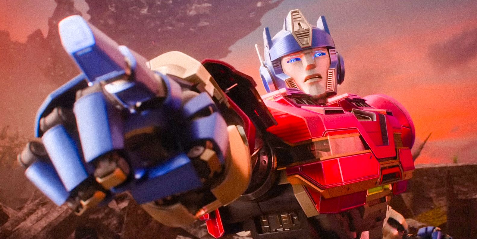 Orion Pax (Chris Hemsworth) señala con el dedo en Transformers One