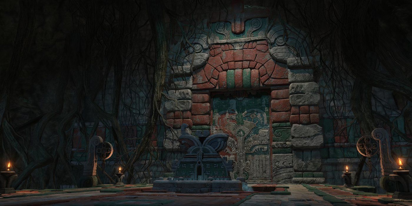 Tribal motifs in the ruins of The Skydeep Cenote dungeon in FFXIV Dawntrail.