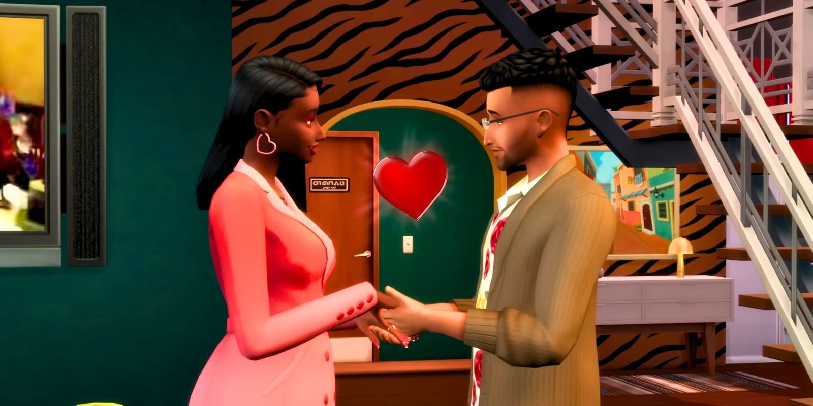 Dois Sims de mãos dadas com um coração entre eles no The Sims 4 Lovestruck Pack
