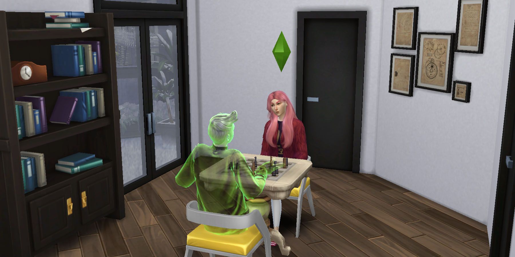 Dois Sims jogam xadrez para aumentar a habilidade de lógica necessária para a carreira de conselheiro de relacionamento em The Sims 4 Lovestruck