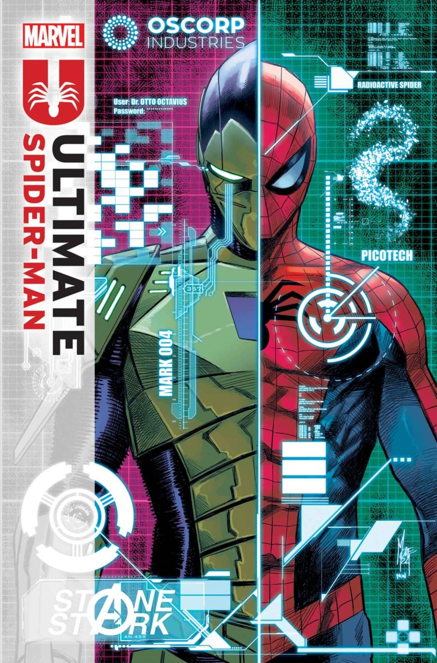 Portada de Ultimate Spider-Man #7 con una imagen dividida de Spider-Man y el Duende Verde.