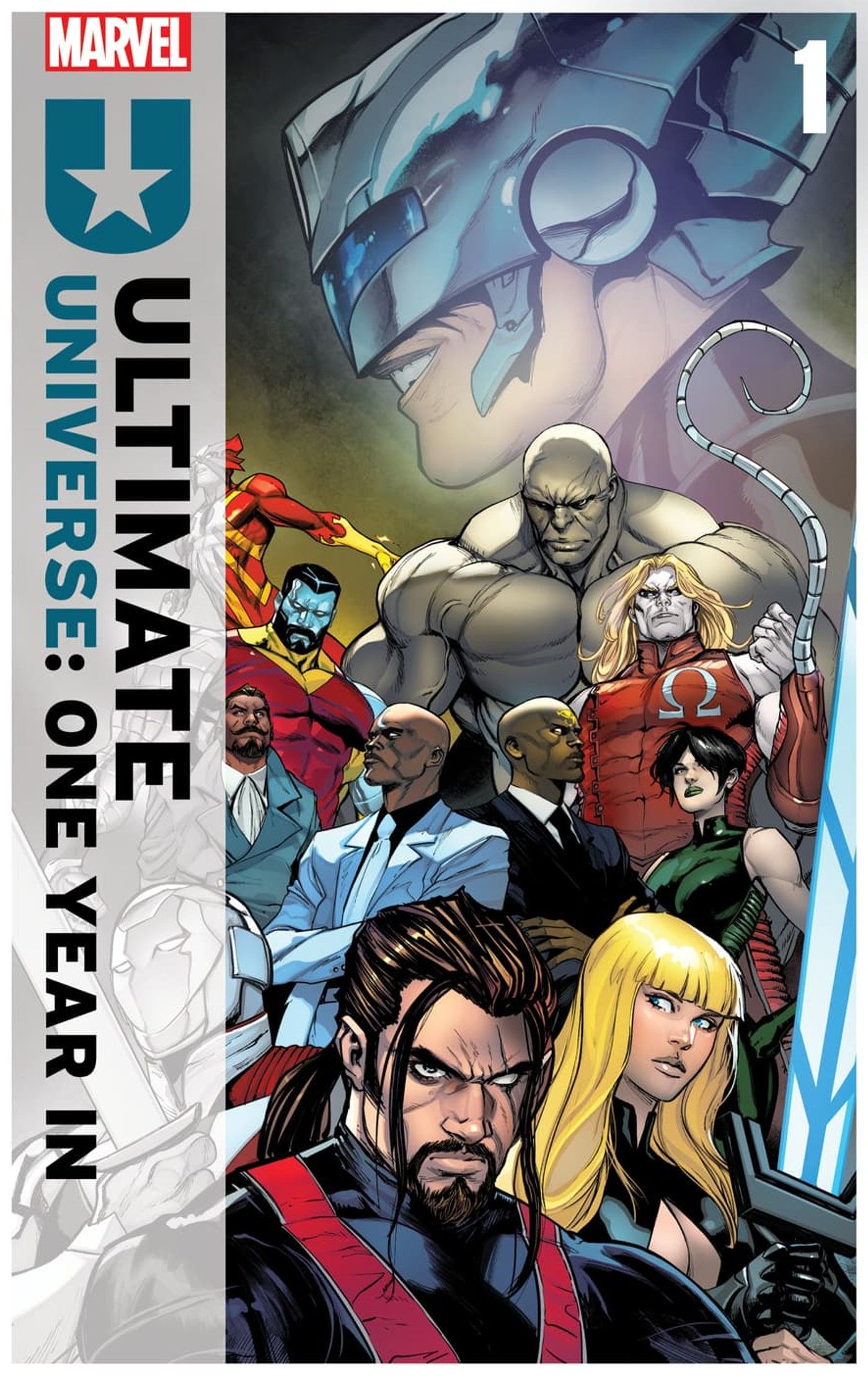 Capa do Ultimate Universe One Year In mostrando Hulk, Colossus e mais membros do conselho do criador do mal