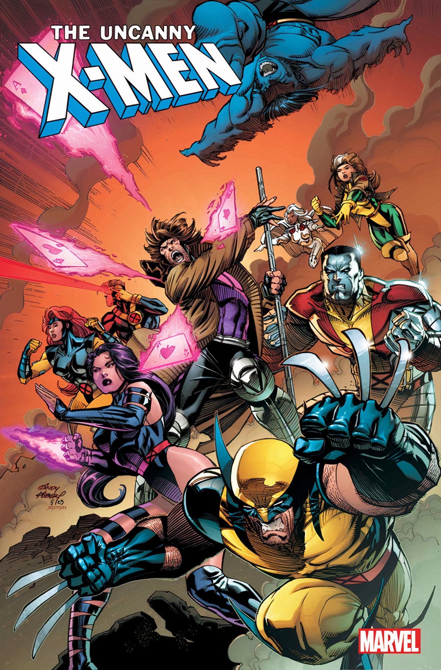 Capa variante de Uncanny X-Men #1, mostrando a equipe entrando na batalha.