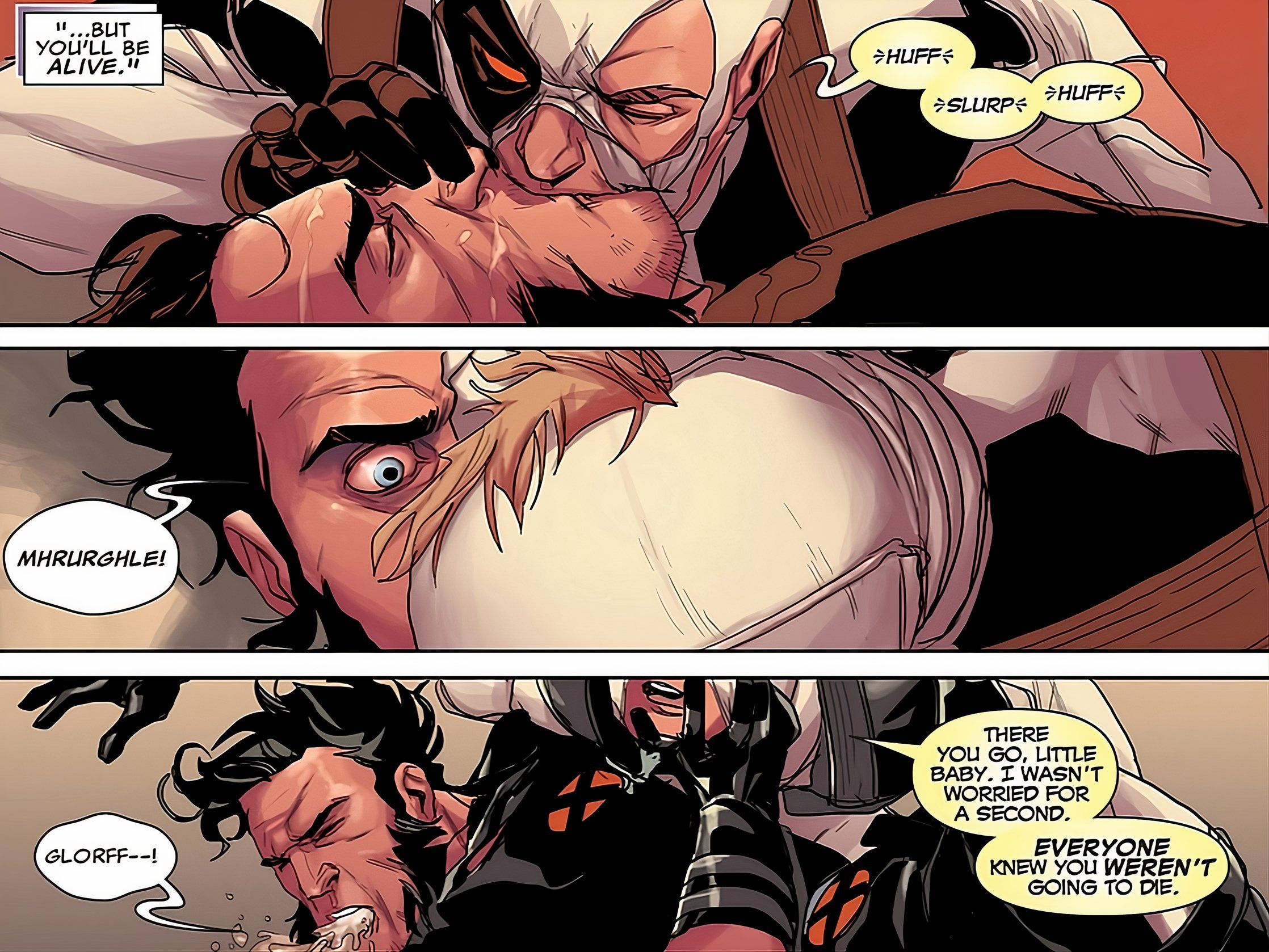 Deadpool attempts to resuscitate Wolverine, but gives him a sloppy kiss instead.