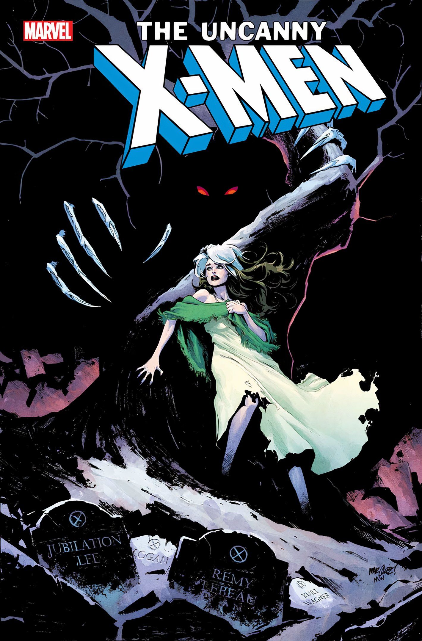 Capa de Uncanny X-Men # 4, Vampira parecendo assustada enquanto uma silhueta sinistra paira sobre ela.