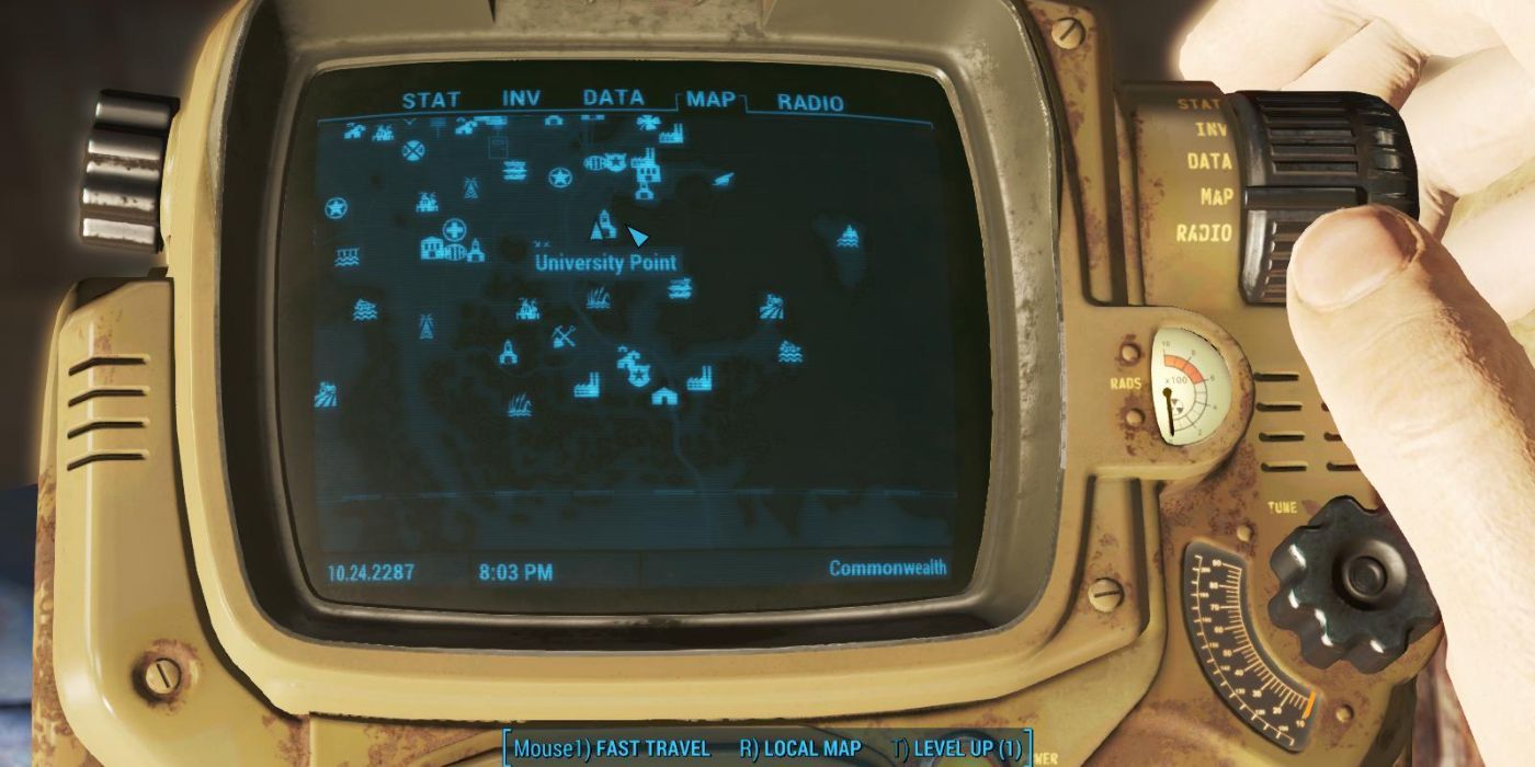 Localização da University Point Union no mapa Pip-Boy em Fallout 4.