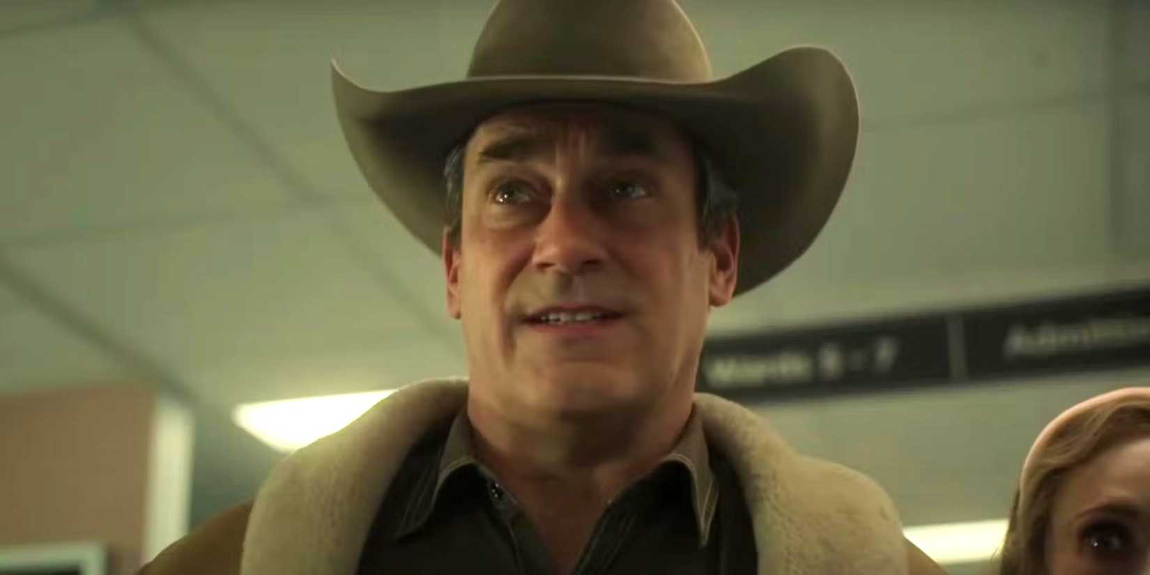 Jon Hamm as Tillman stands by Dot in Fargo
