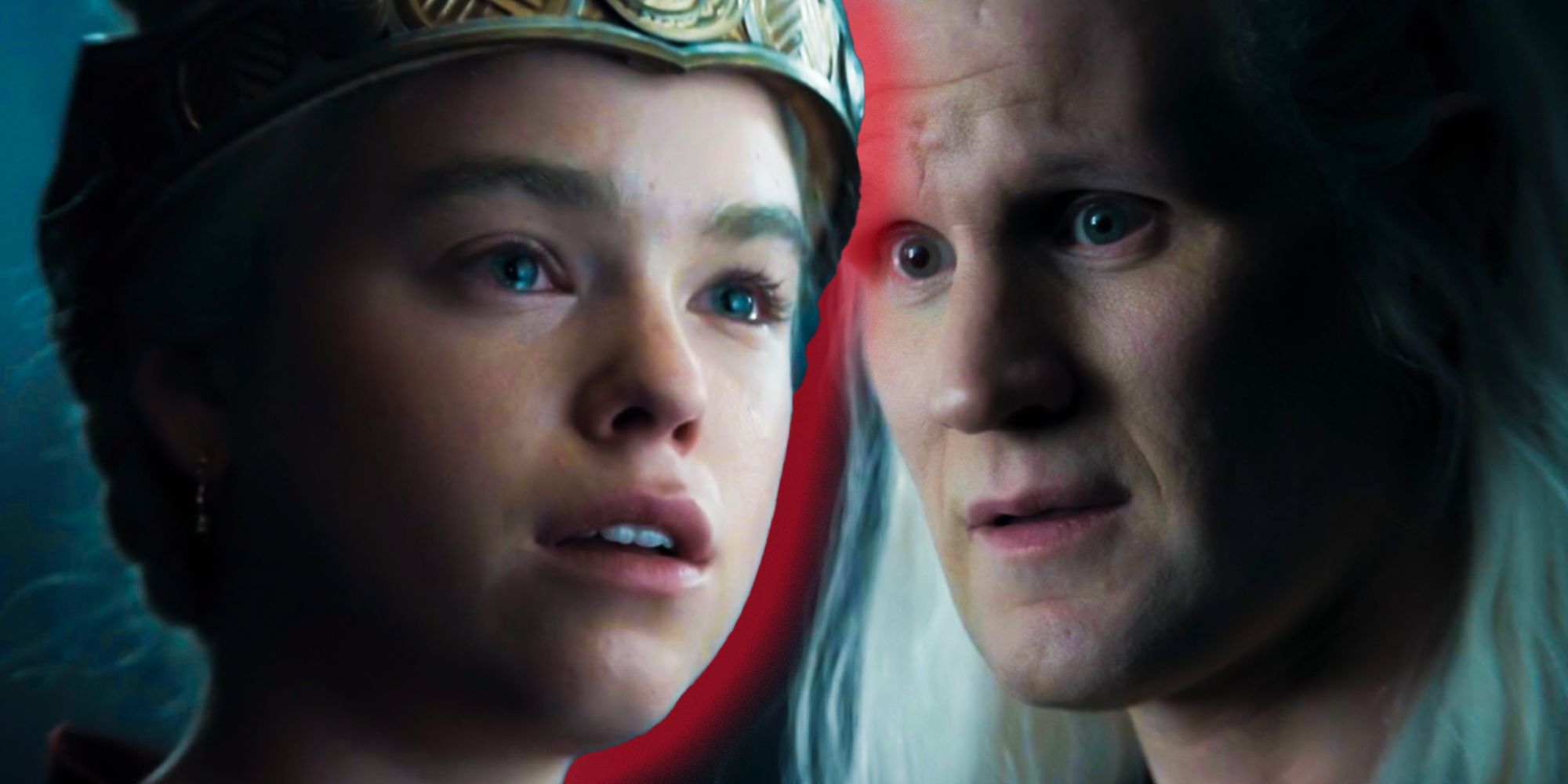 Close-ups of Milly Alcock as Young Rhaenyra and Matt Smith as Daemon Targaryen in House of the Dragon season 2