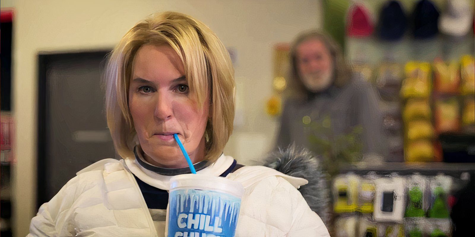 Renee Zellweger drinking a slurpee as pam in The Thing About Pam