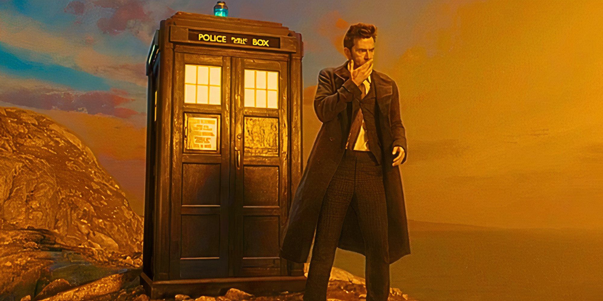 David Tennant looking surprised as the Fourteenth Doctor in front of the TARDIS in Doctor Who
