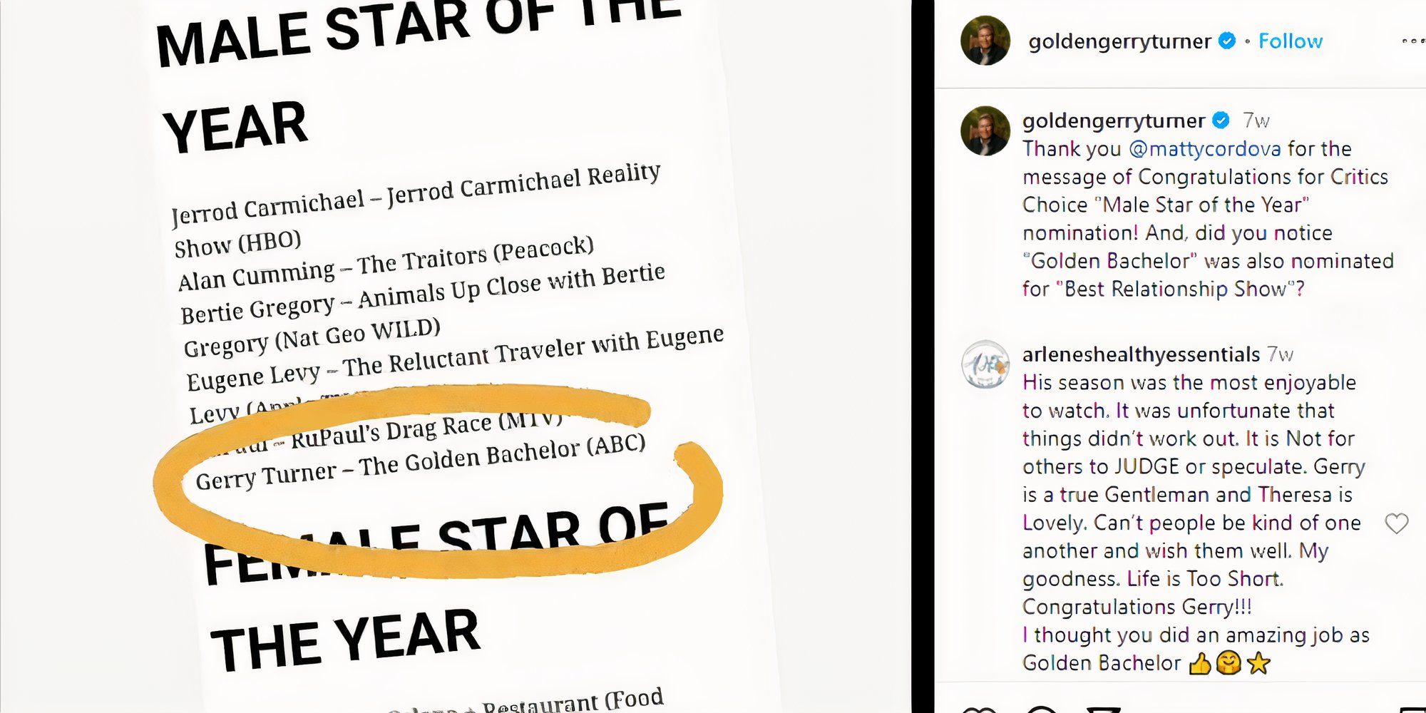 The Golden Bachelor screenshot of Gerry Turner's Instagram post about critics choice nomination