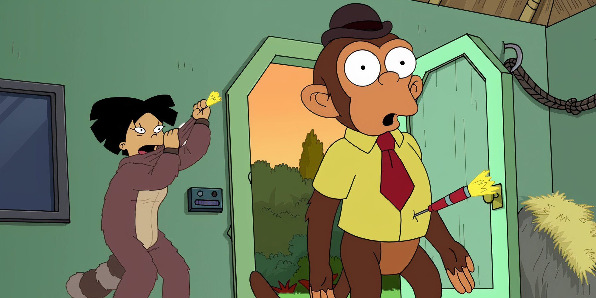 Guenter com um dardo tranquilizante no estômago em Futurama enquanto Amy Wong remove seu disfarce de animal no fundo