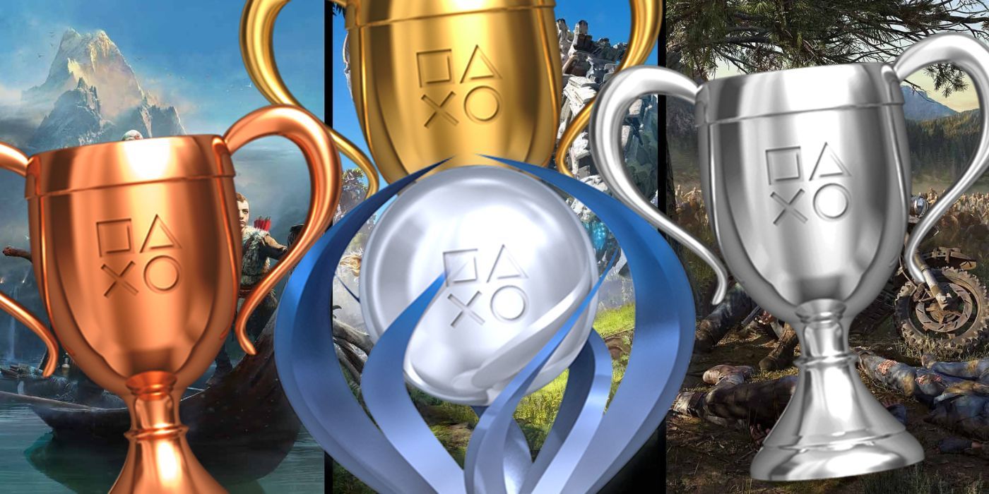 A series of PlayStation trophies alongside games like God of War, Days Gone, and Horizon: Zero Dawn