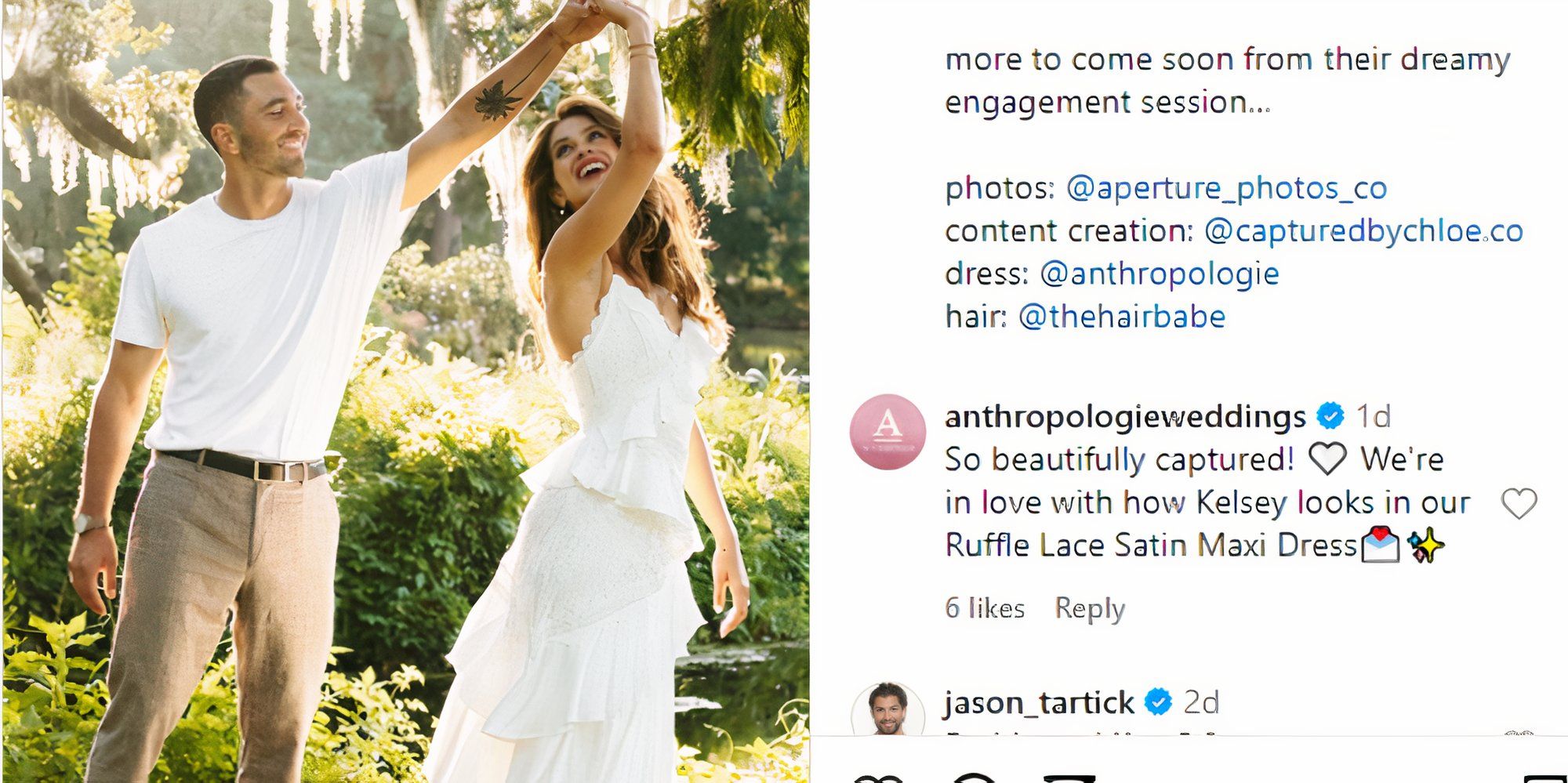 The Bachelor Joey Graziadei and Kesley Anderson wearing matching outfits and joey is twirling kelsey in a garden