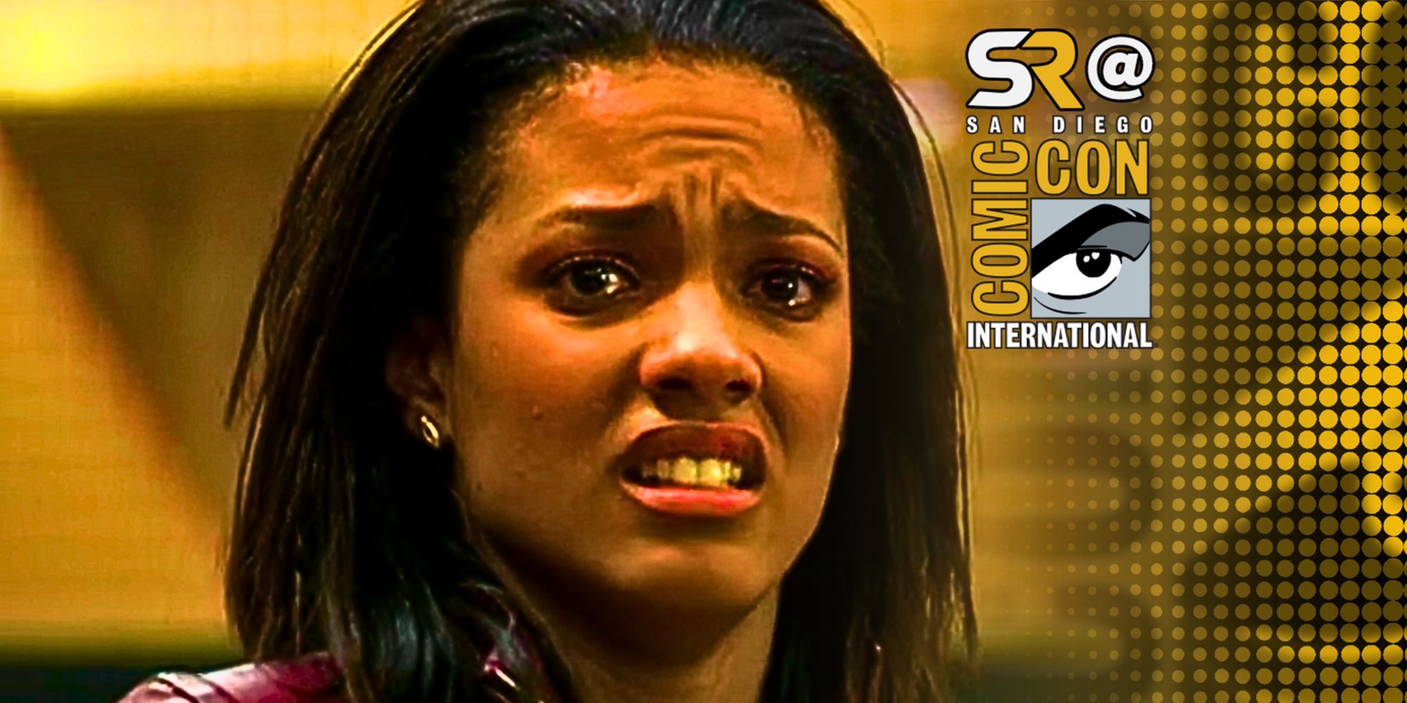 Freema Agyeman as Martha Jones looking sad in Doctor Who with a Comic-Con overlay