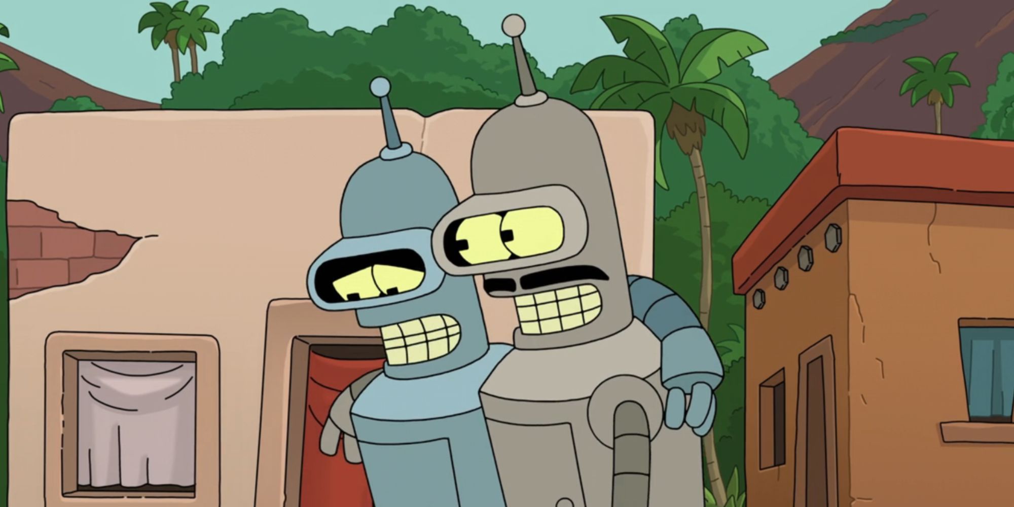 Bender y Doblando viajan juntos en Futurama