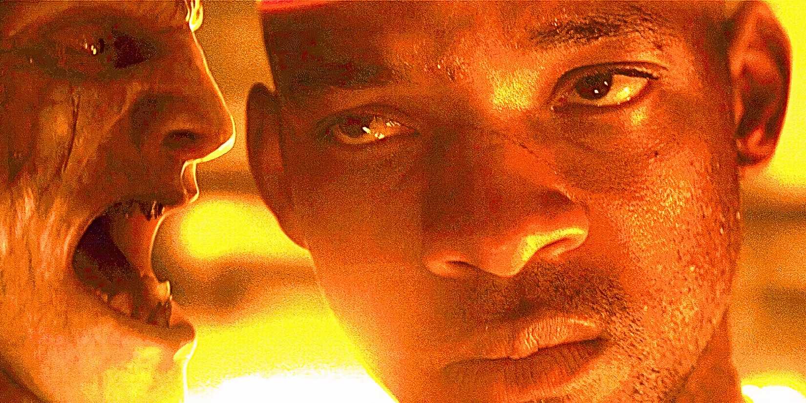 Will Smith as Robert Neville in I Am Legend with a Darkseeker near him