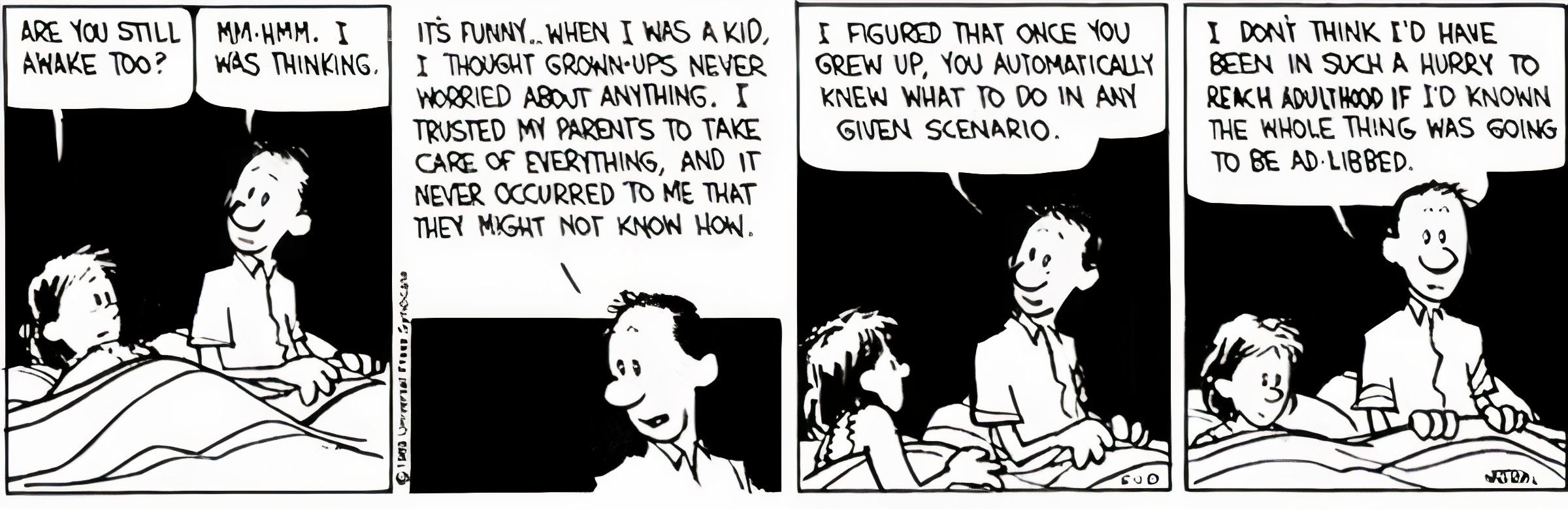 Calvin e Hobbes, os pais de Calvin conversam tarde da noite sobre como não têm as respostas.