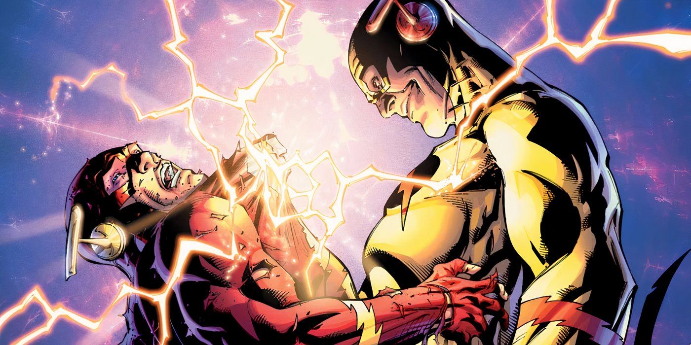 Arte del cómic: The Reverse Flash agarra a Barry Allen por la parte delantera de su traje.