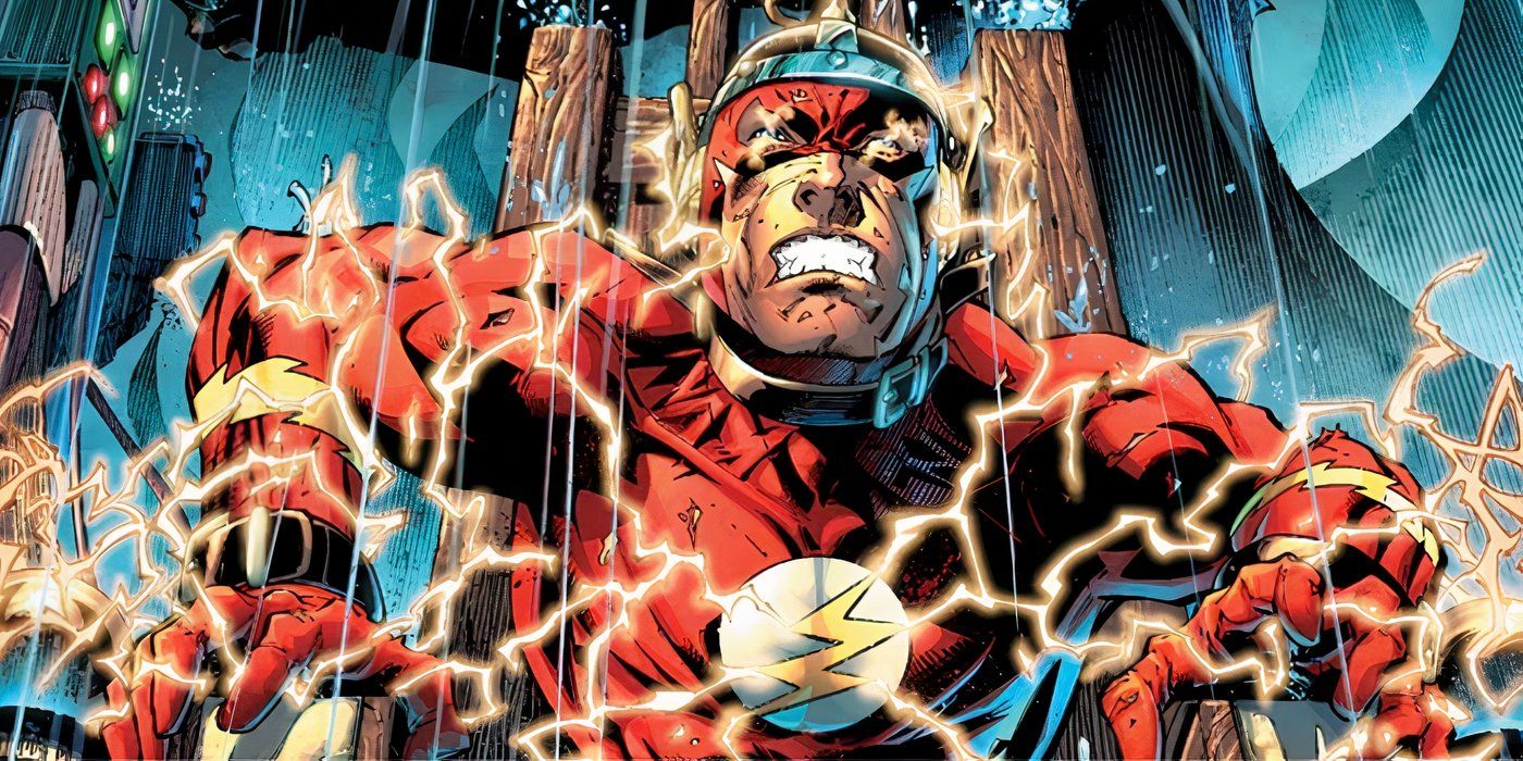 Arte em quadrinhos: Flash recuperando seus poderes em uma cadeira elétrica