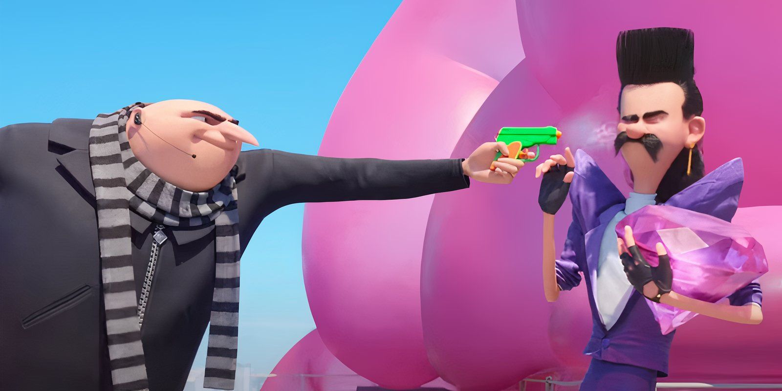 Gru holding squirt gun at Balthazar Bratt in Despicable Me 3