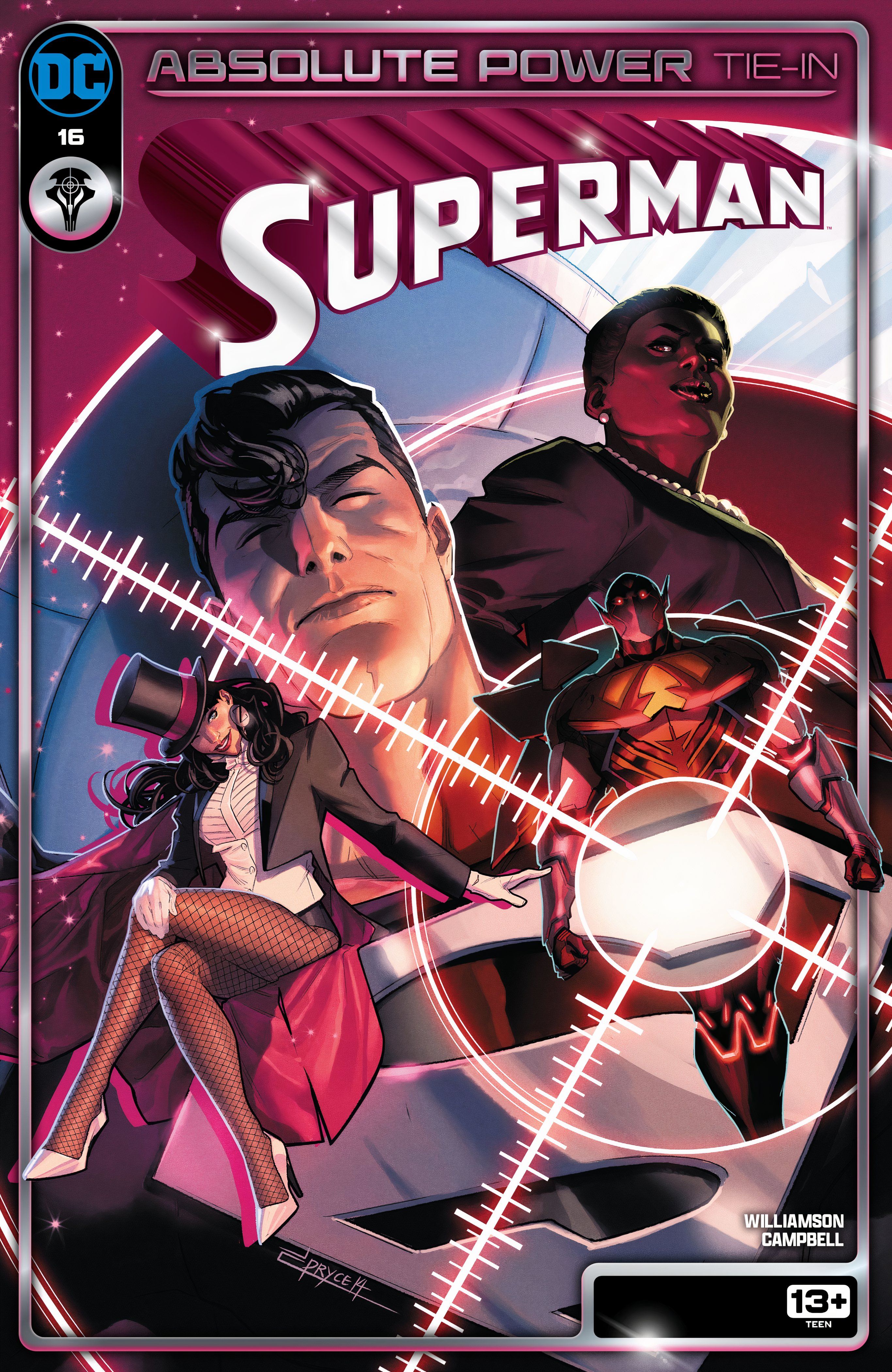 Capa principal do Superman 16: Superman e Zatanna em um alvo com um Amazo e Amanda Waller.
