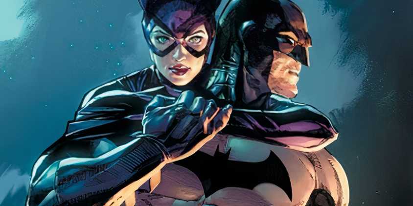 Comic book art: Catwoman clinging to Batman with her arm around his neck, against a starry backdrop.