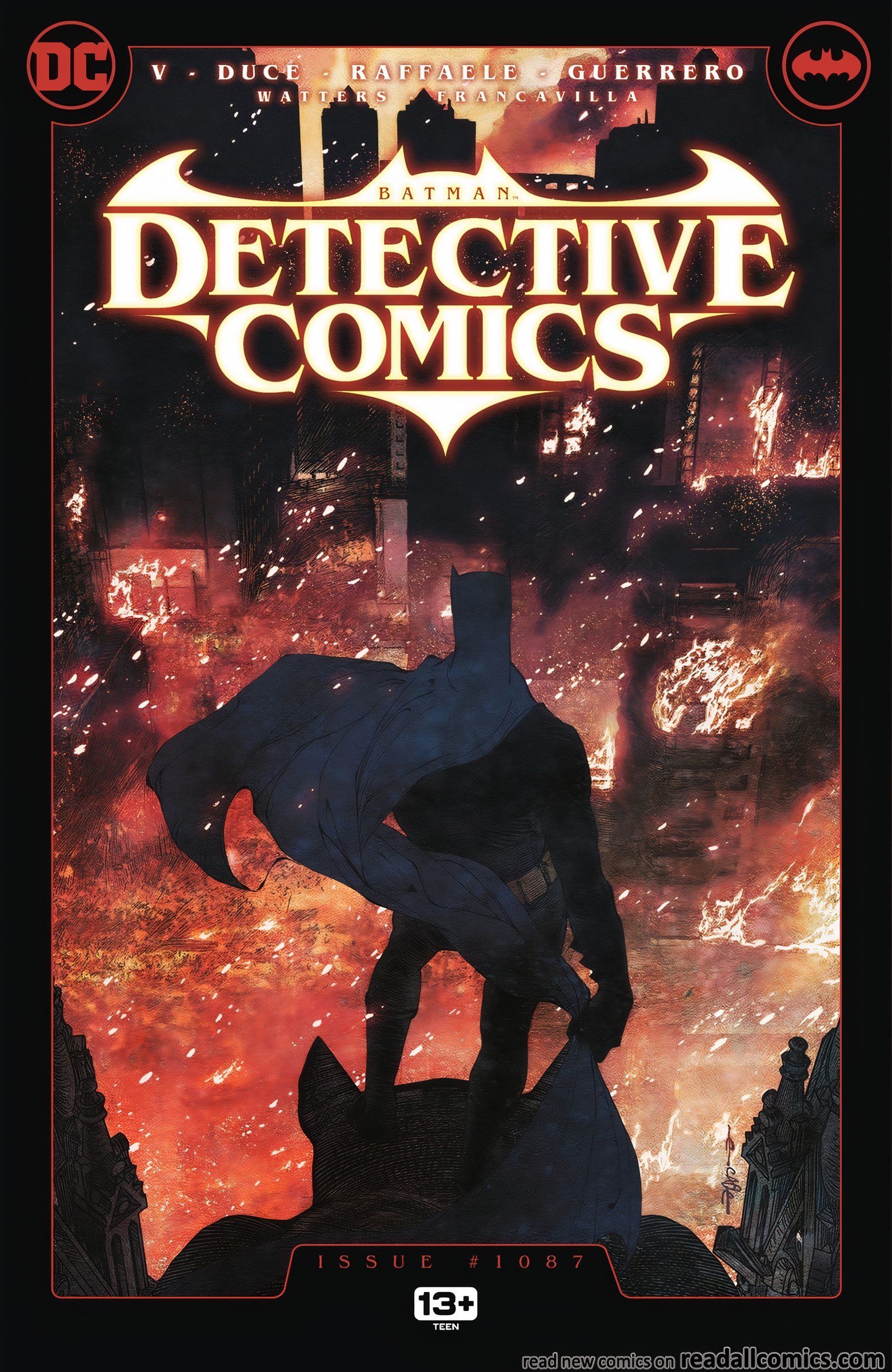 Capa principal da Detective Comics 1087: Batman olha para Gotham em chamas.