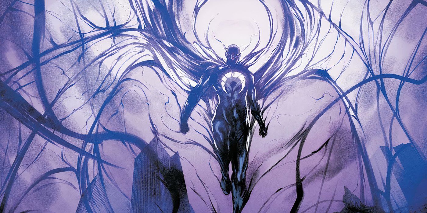 Moon Knight's Revenge #4, Shroud desciende del cielo púrpura con ramas negras rodeándolo.