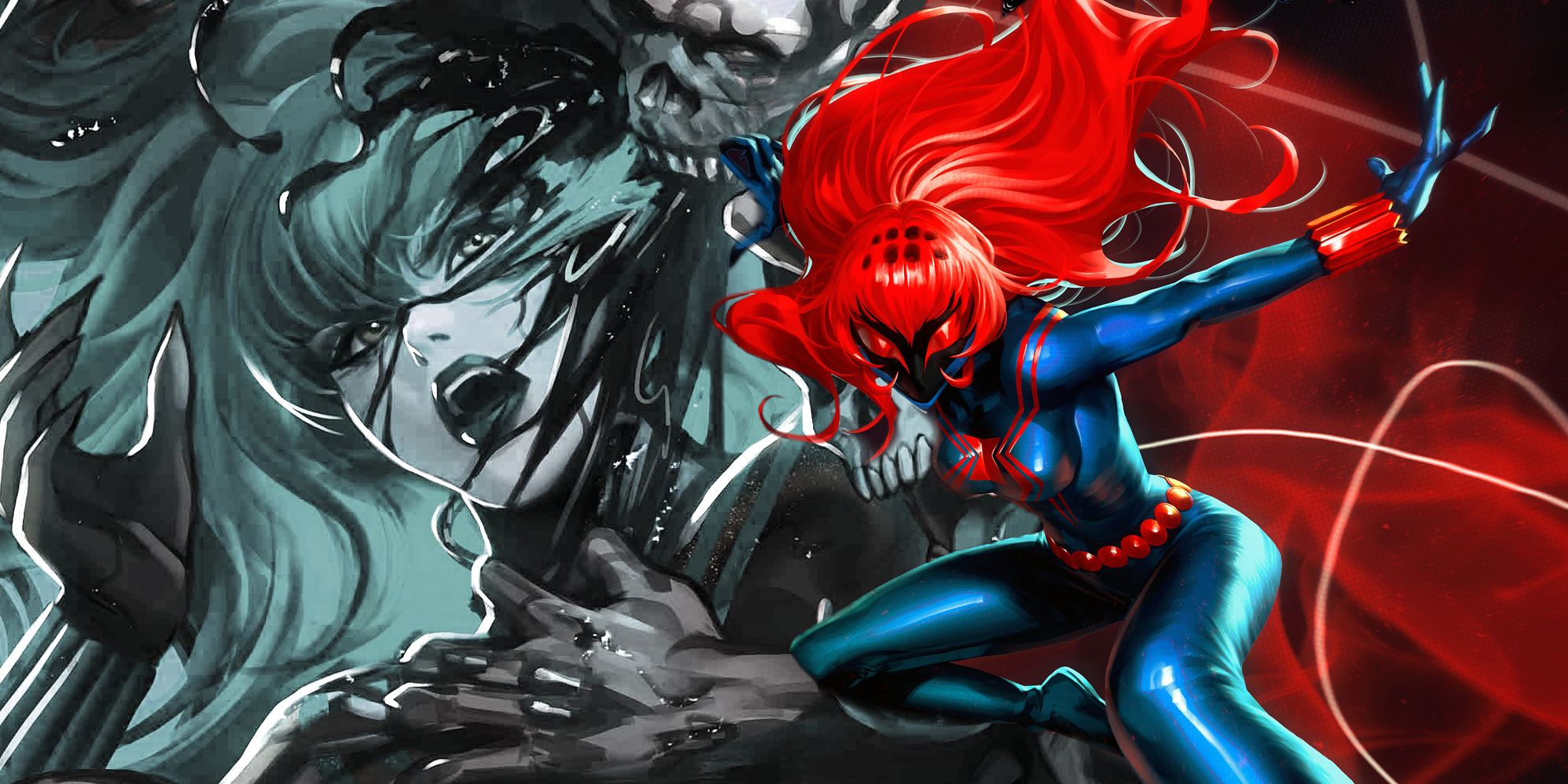 O simbionte da Viúva Negra sendo arrancado dela (esquerda); Viúva parecendo ferozmente vermelha e azul em seu traje simbionte (direita).