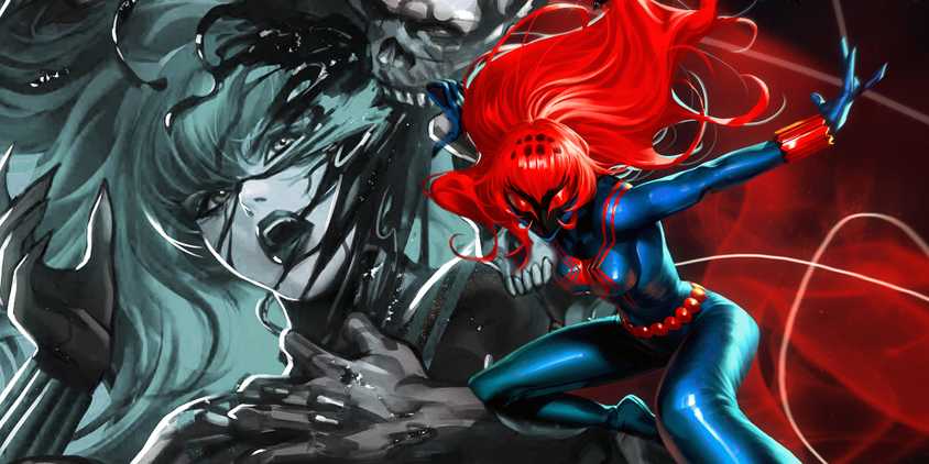 Black Widow's symbiote being ripped from her (left); Widow looking fierce red and blue in her symbiote suit (right.)