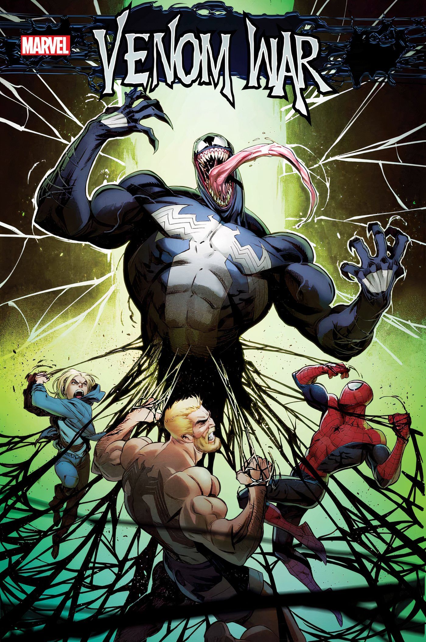 Na imagem da capa de Venom War #1, Venom e outros heróis recuam enquanto são cercados por gavinhas simbiontes negras.