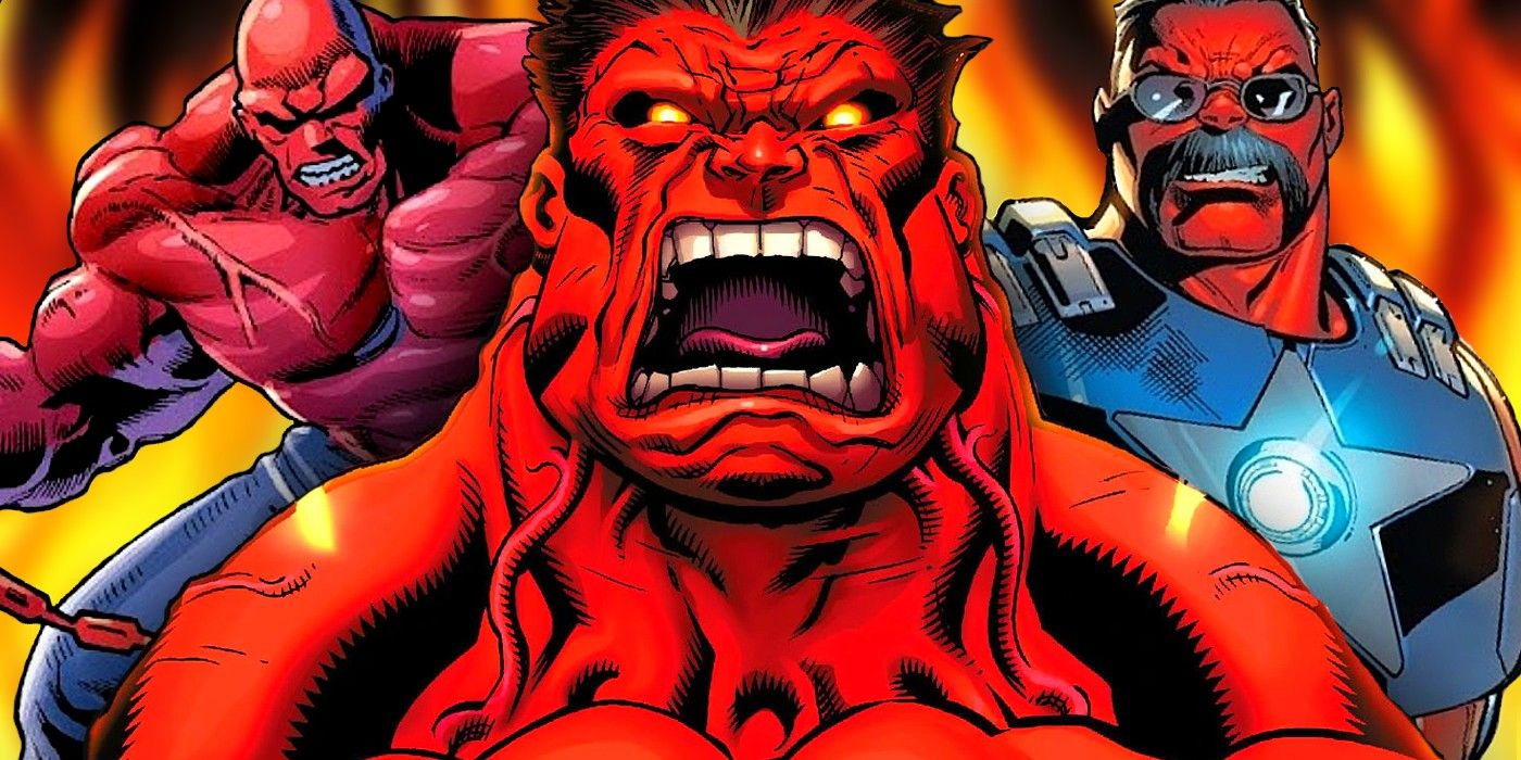 Comic book art: three versions of Red Hulk look angry.