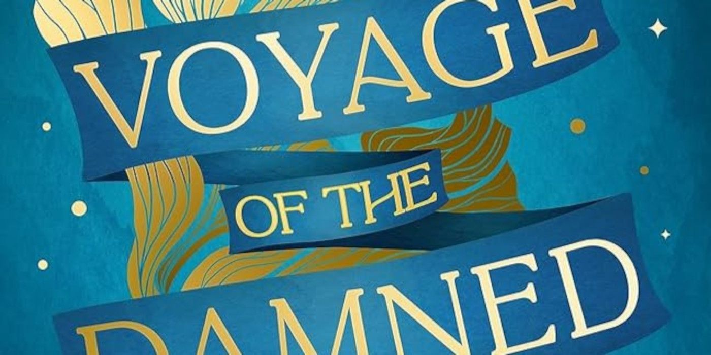 Voyage Of The Damned Cover featuring the title in gold written on a blue ribbon