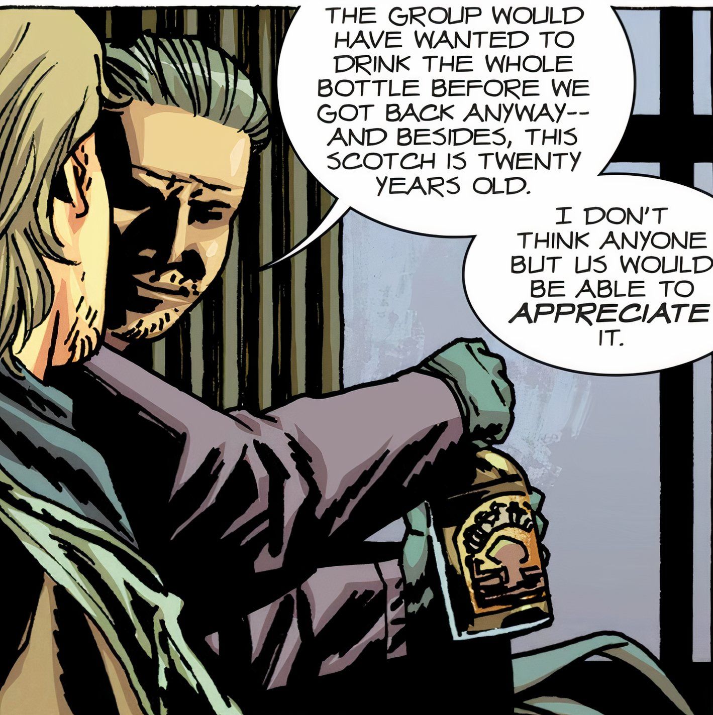 Walking Dead Deluxe #91, Eric explains to Aaron why he hid the bottle of scotch he found