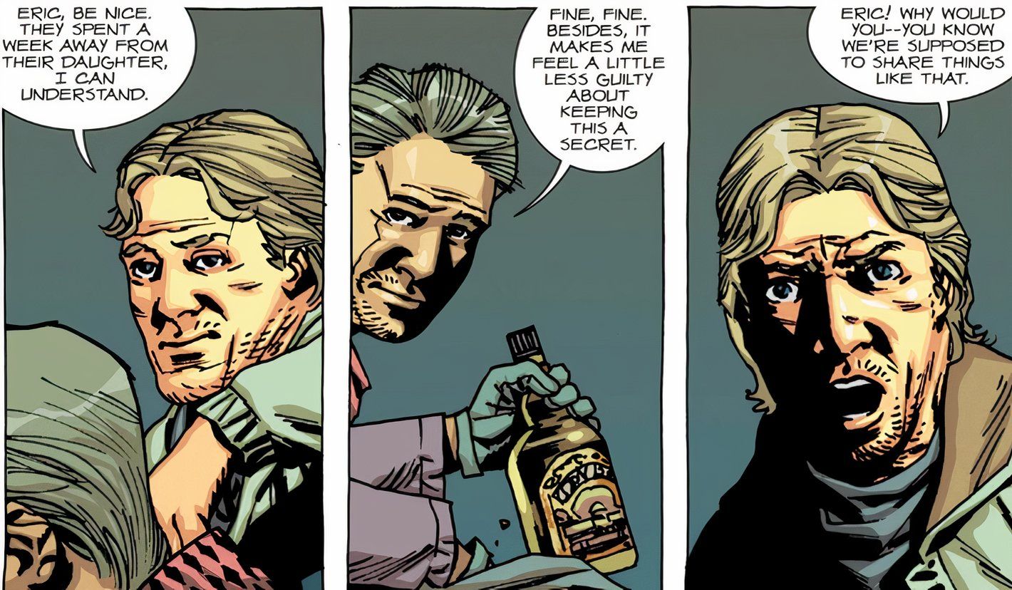 Walking Dead Deluxe #91, Aaron is shocked when Eric reveals he has a hidden bottle of scotch