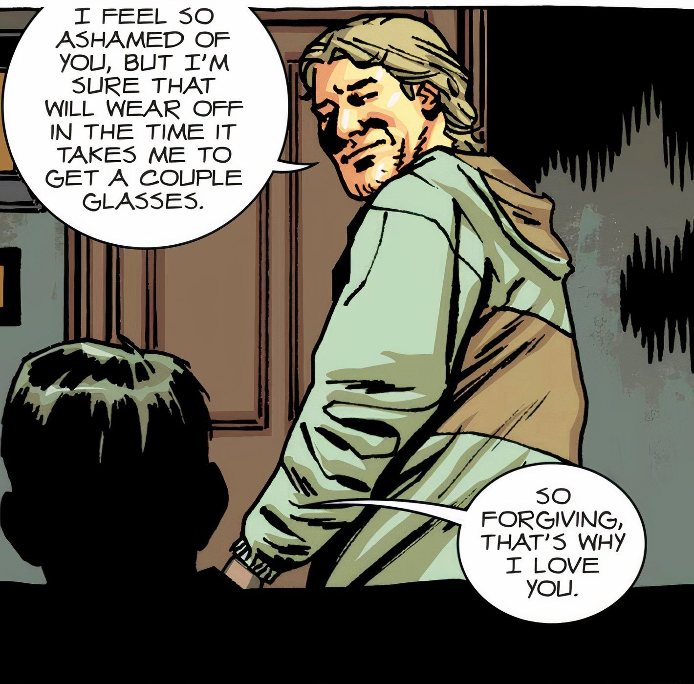 Walking Dead Deluxe #91, playful moment between Eric and Aaron as they prepare to have a drink