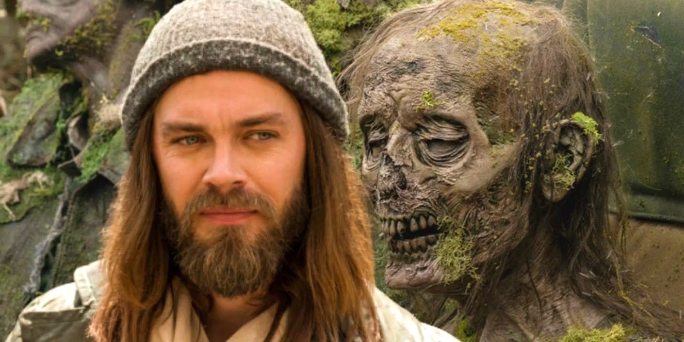 Walking Dead live-action version of Jesus, left, and a moss covered zombie, right